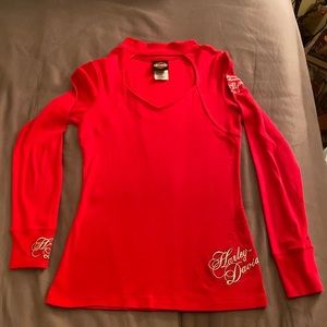 Red long sleeve Harley Davidson shirt with cutout neckline size medium